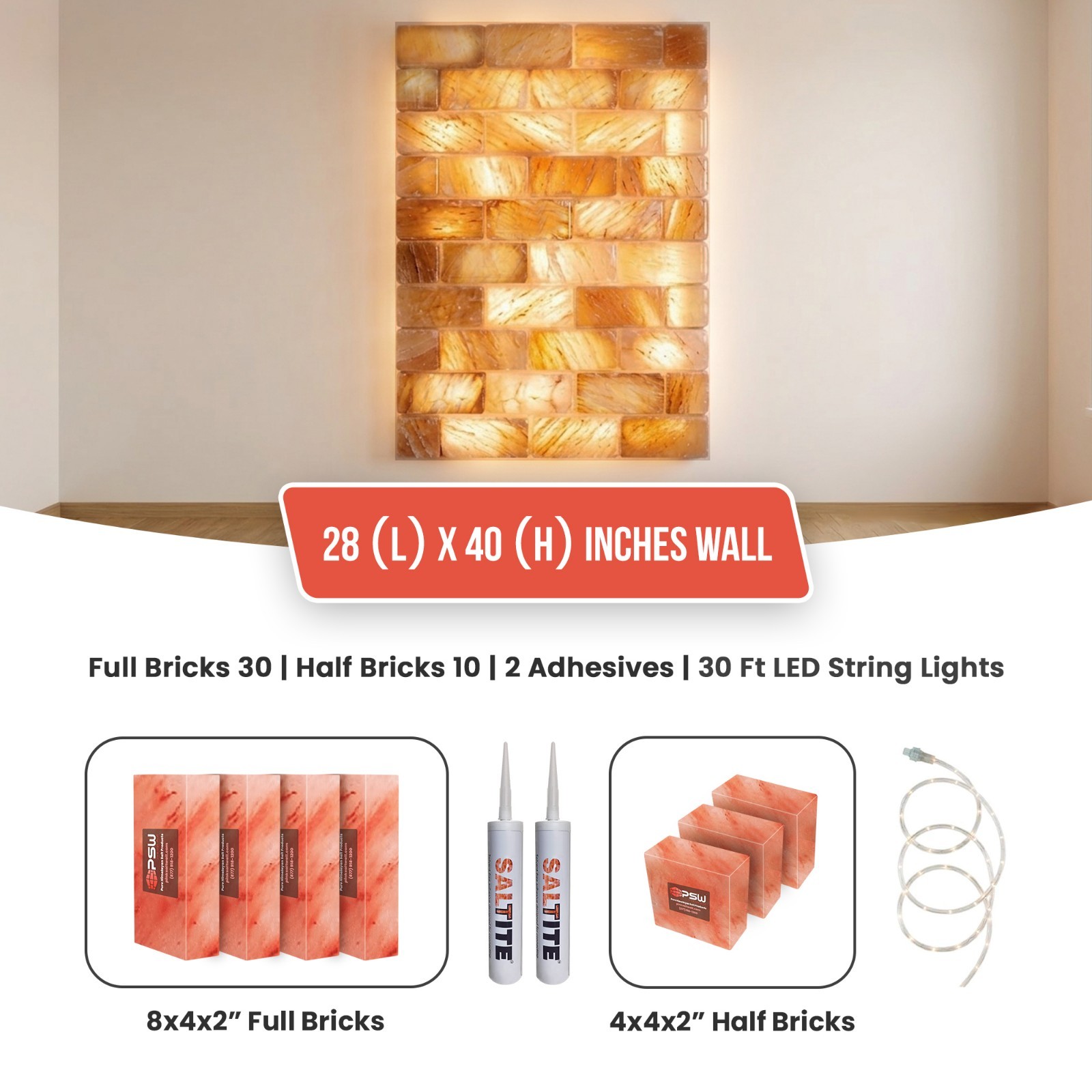 All-in-One Salt Wall Panel Kit 28×40"Include Bricks, Glue, LED, Map, User Manual