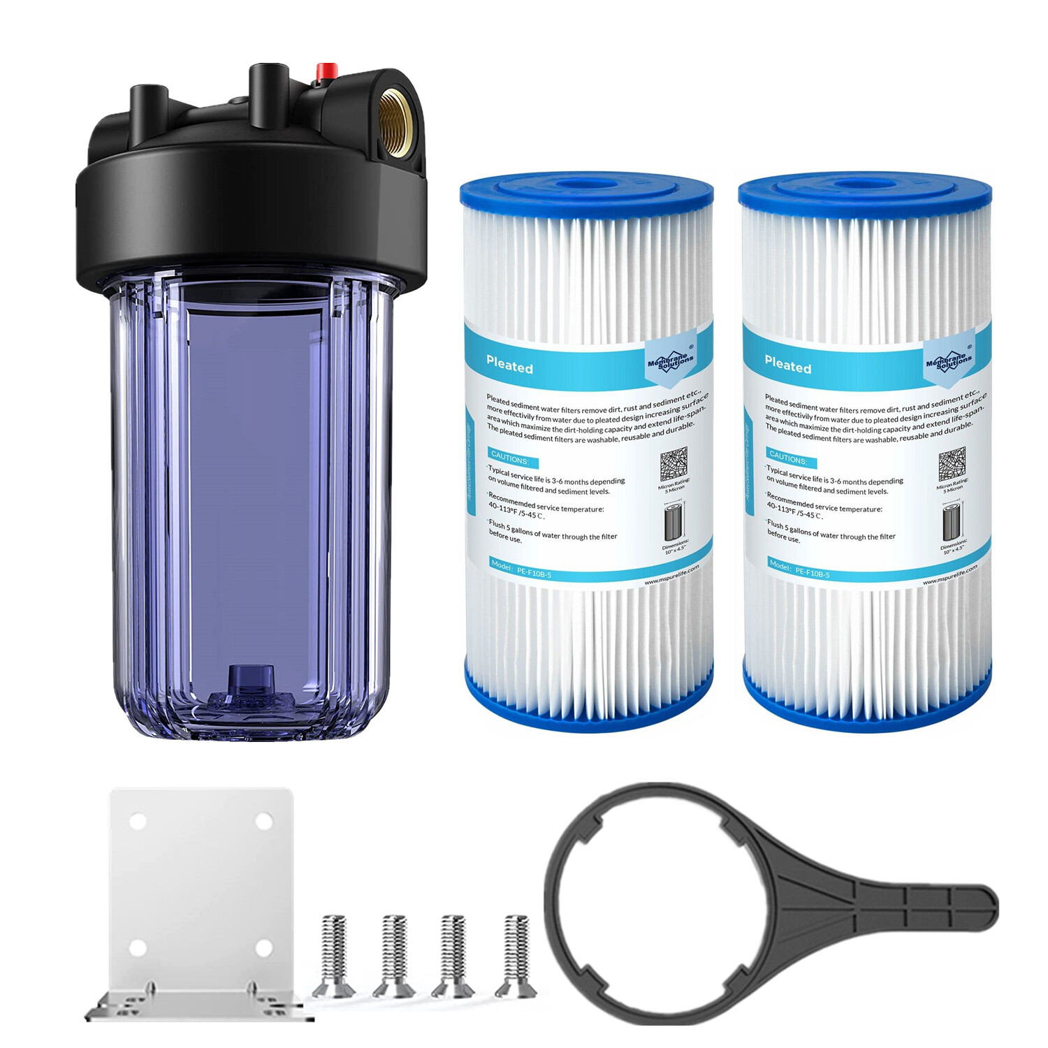 Clear Whole House Water Filter Housing System &2p 10" x 4.5" PP Pleated Sediment