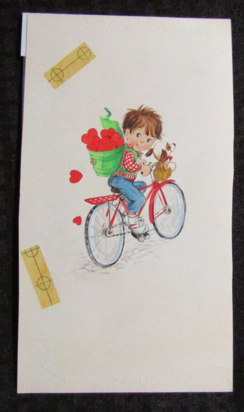 VALENTINES Cute Boy & Puppy on Bike w/ Hearts 5.5x9.5" Greeting Card Art #V3471