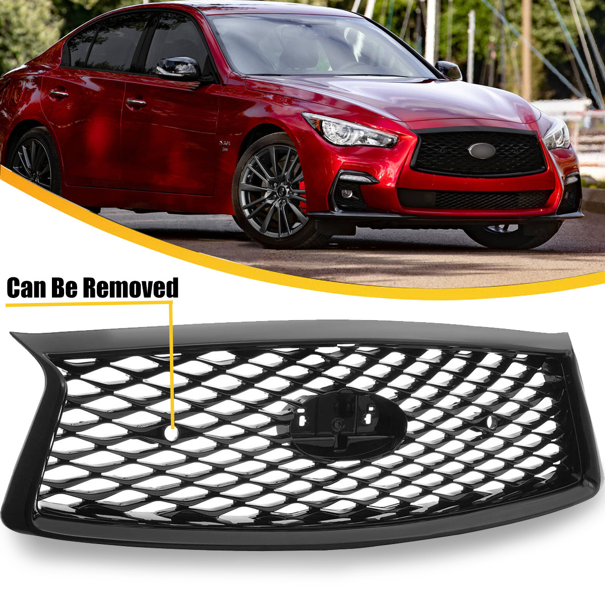 For Infiniti Q50 2018-2024 Front Bumper Upper Grille Gloss Black Hood Grill ABS