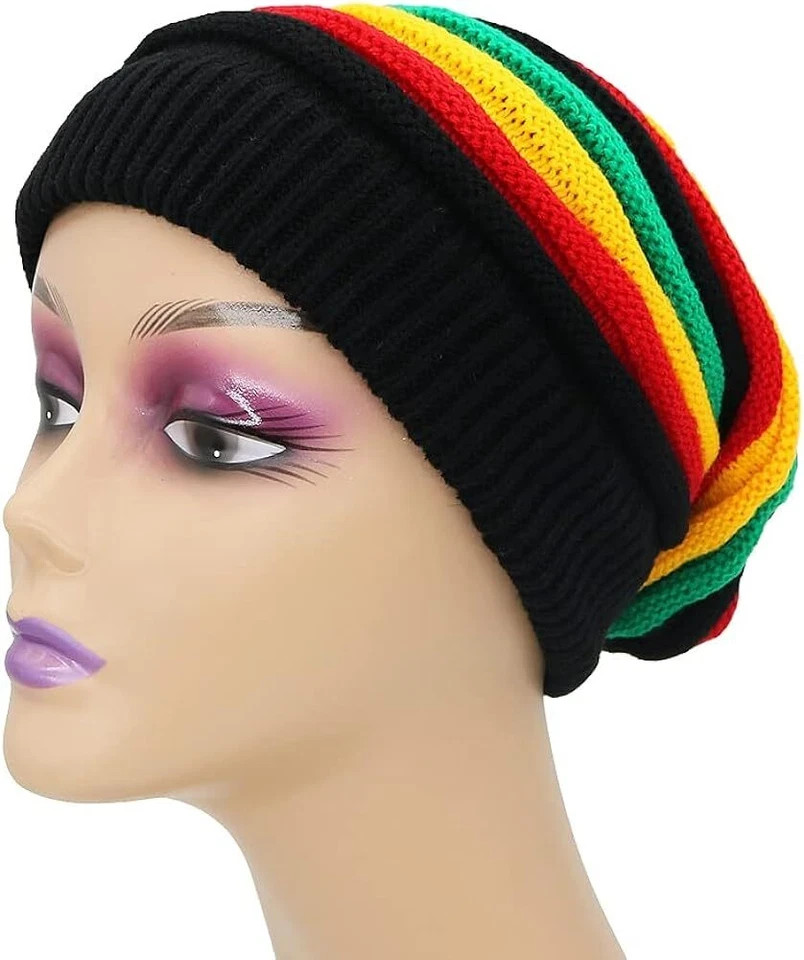 Unisex Jamaica Reggae Cap Rasta Slinky Beanie Multi-Colour Striped Slouchy...