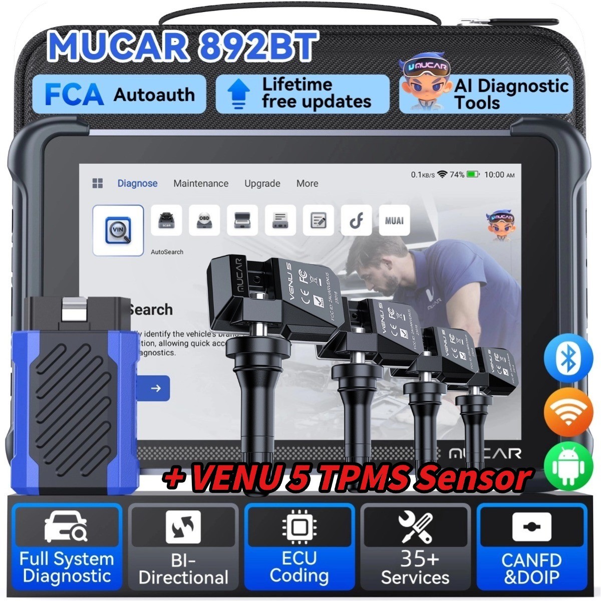 MUCAR 892BT Full System Car Diagnostic Tool OBD2 Scanner 35 Reset +TPMS Sensor