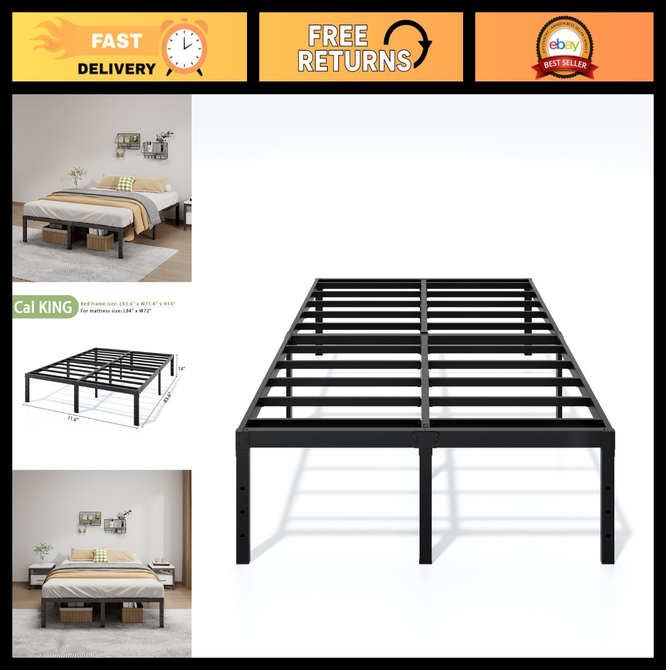 California King Metal Bed Frame - 14 Inch Heavy-Duty Platform, No Box Spring, Ea