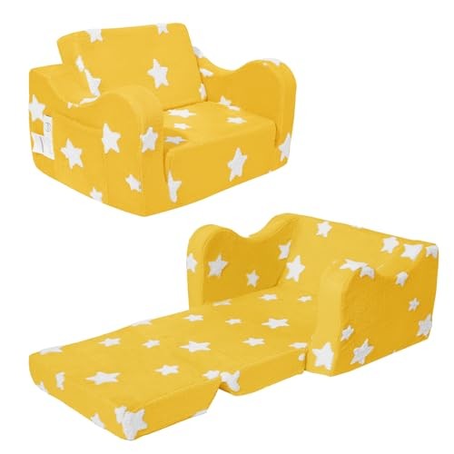 Toddler Couch, Kids Couch for Toddler Fold Out, 2-in-1 Convertible Kid Yellow