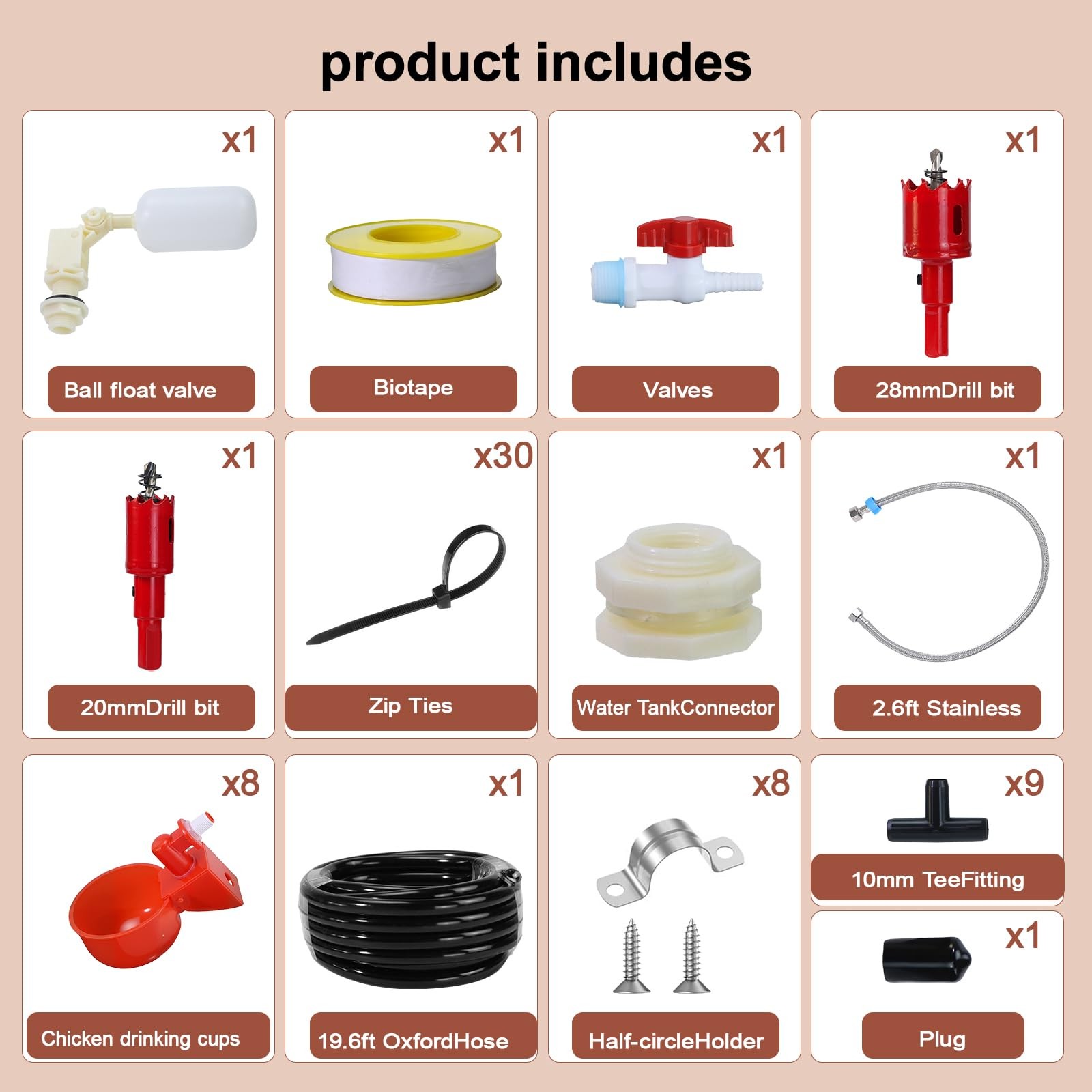 Automatic Chicken Watering System with 8 Cups, 6m Hose, Float Valve - Includes