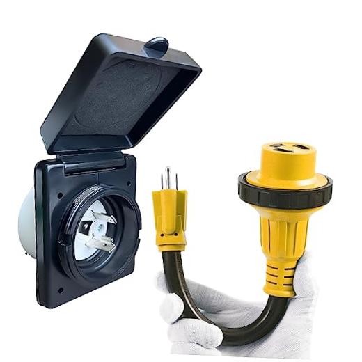 30 Amp RV Plug Power Inlet Box and 30 Amp RV Outlet to 15 Amp 110 Volt