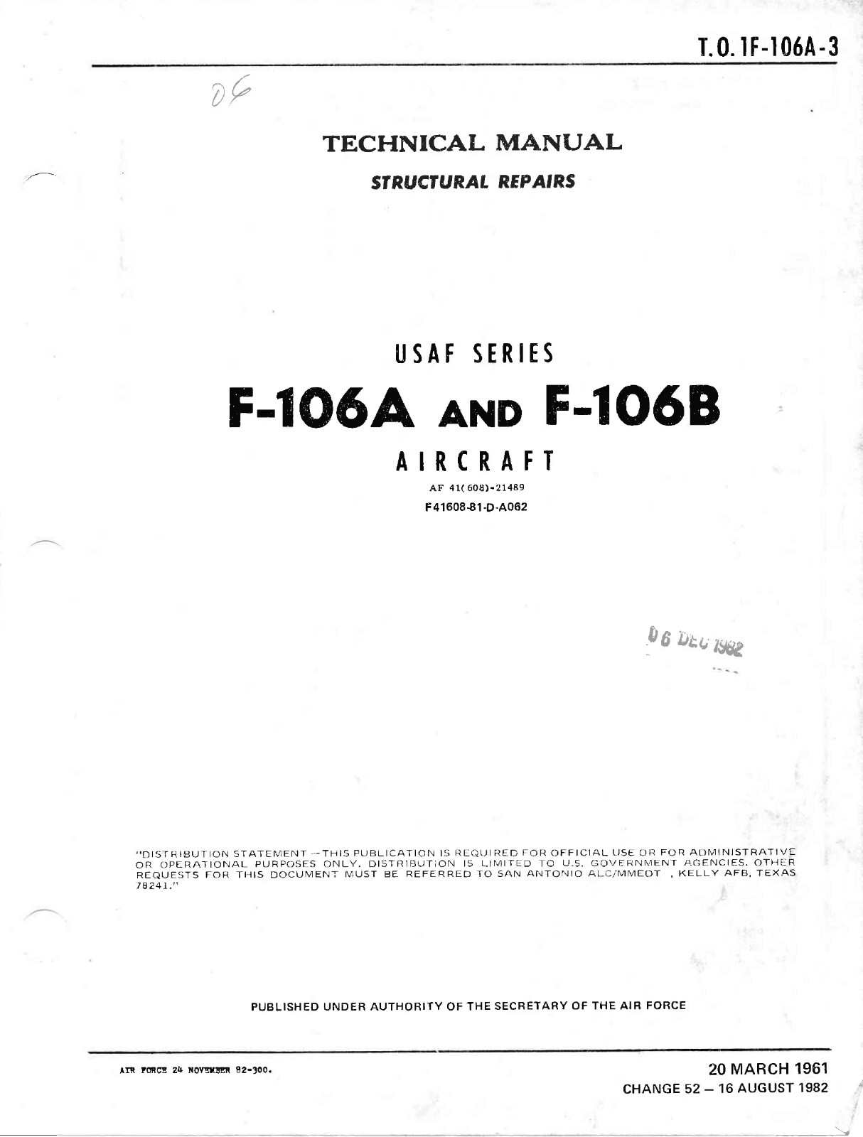 845 Page F-106A -B Delta Dart T.O. 1F-106A-3 Structural Repair Manual on Data CD