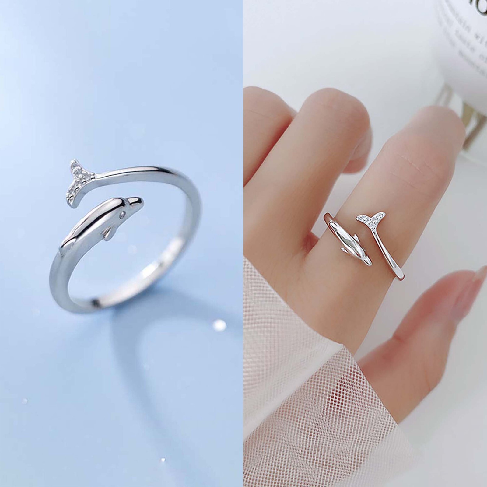 Sterling Silver Dolphin Ring,Dainty Fish Ring for Women Adjustable Open Ring