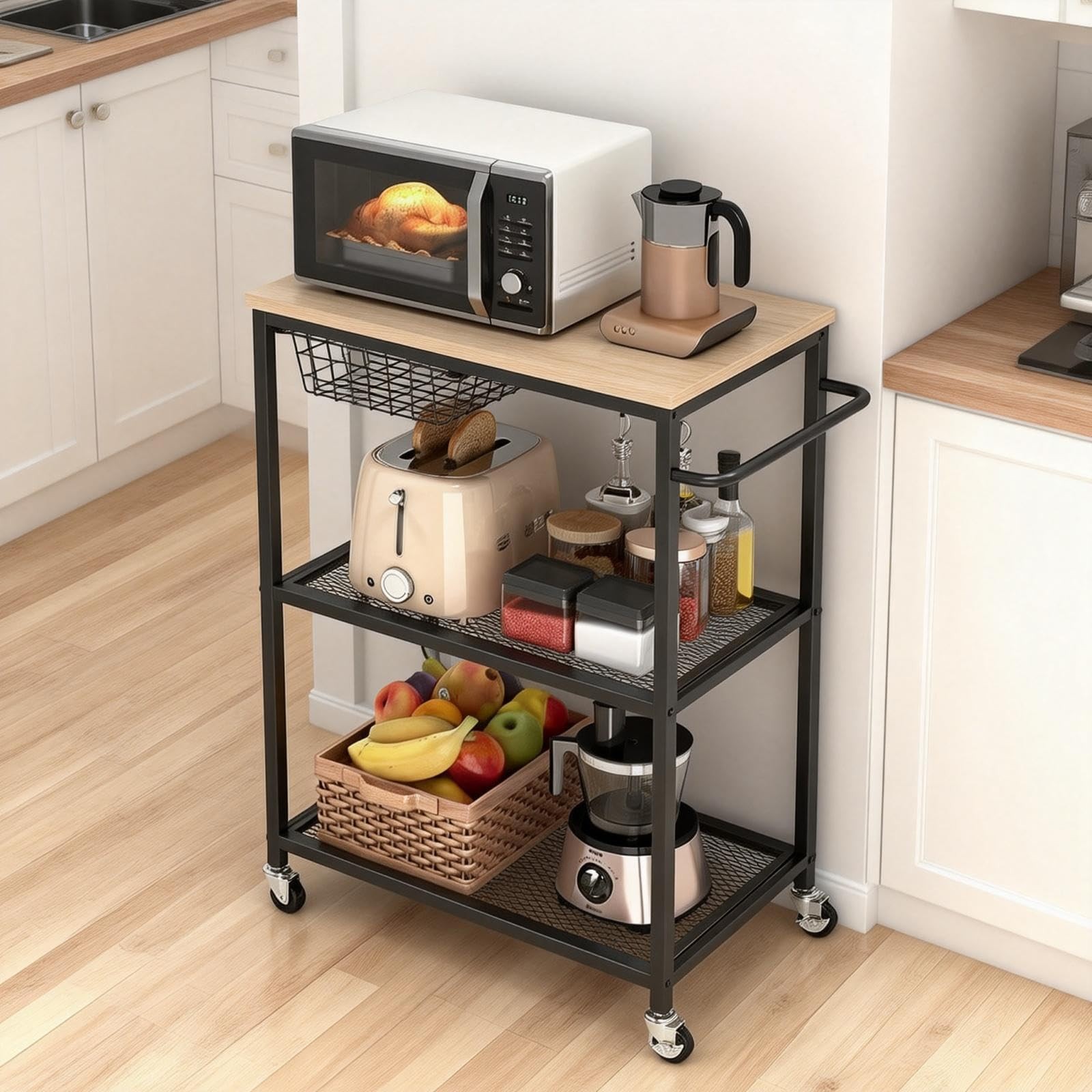Rolling Kitchen Cart with Wood Tabletop ,3 Tier Mobile Utility Cart Serving Cart