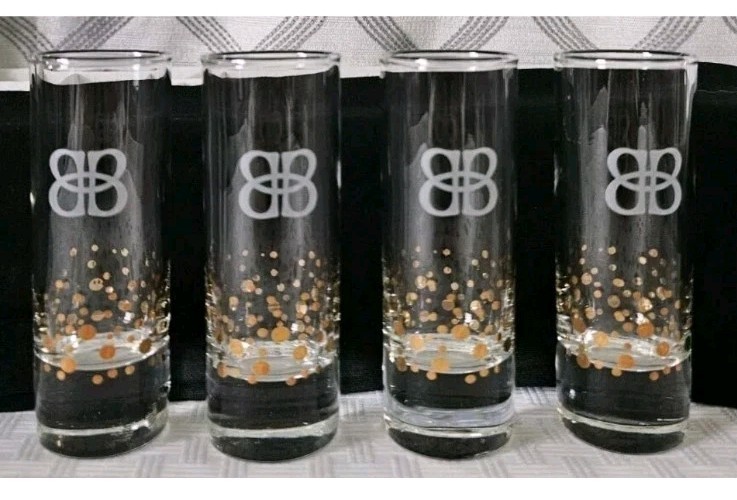 Set of 4 Baileys Irish Cream Gold Confetti Tall Shot Glasses Etched BB Logo 2oz.