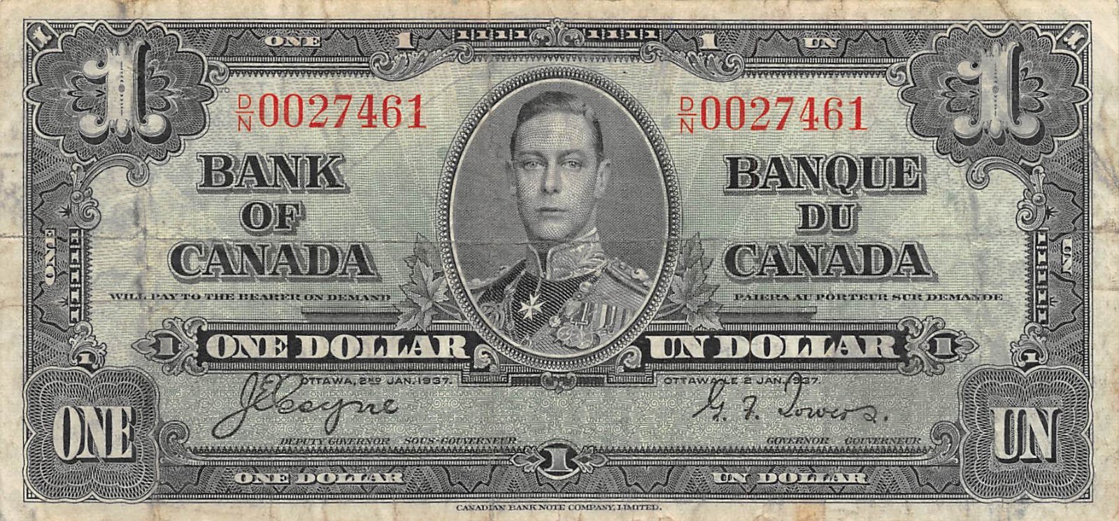 Canada  $1  2.1.1937  Series  D/N  Kg. G. VI  Circulated Banknote  Qash A