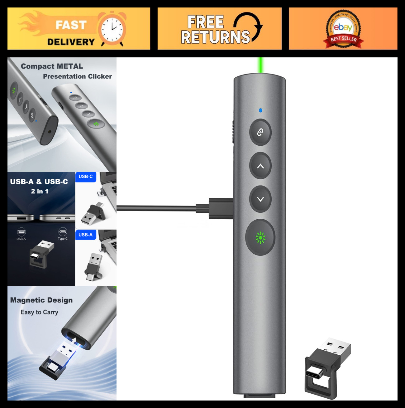 Rechargeable Green Laser Pointer Clicker for PowerPoint & Google Slides, USB-C W