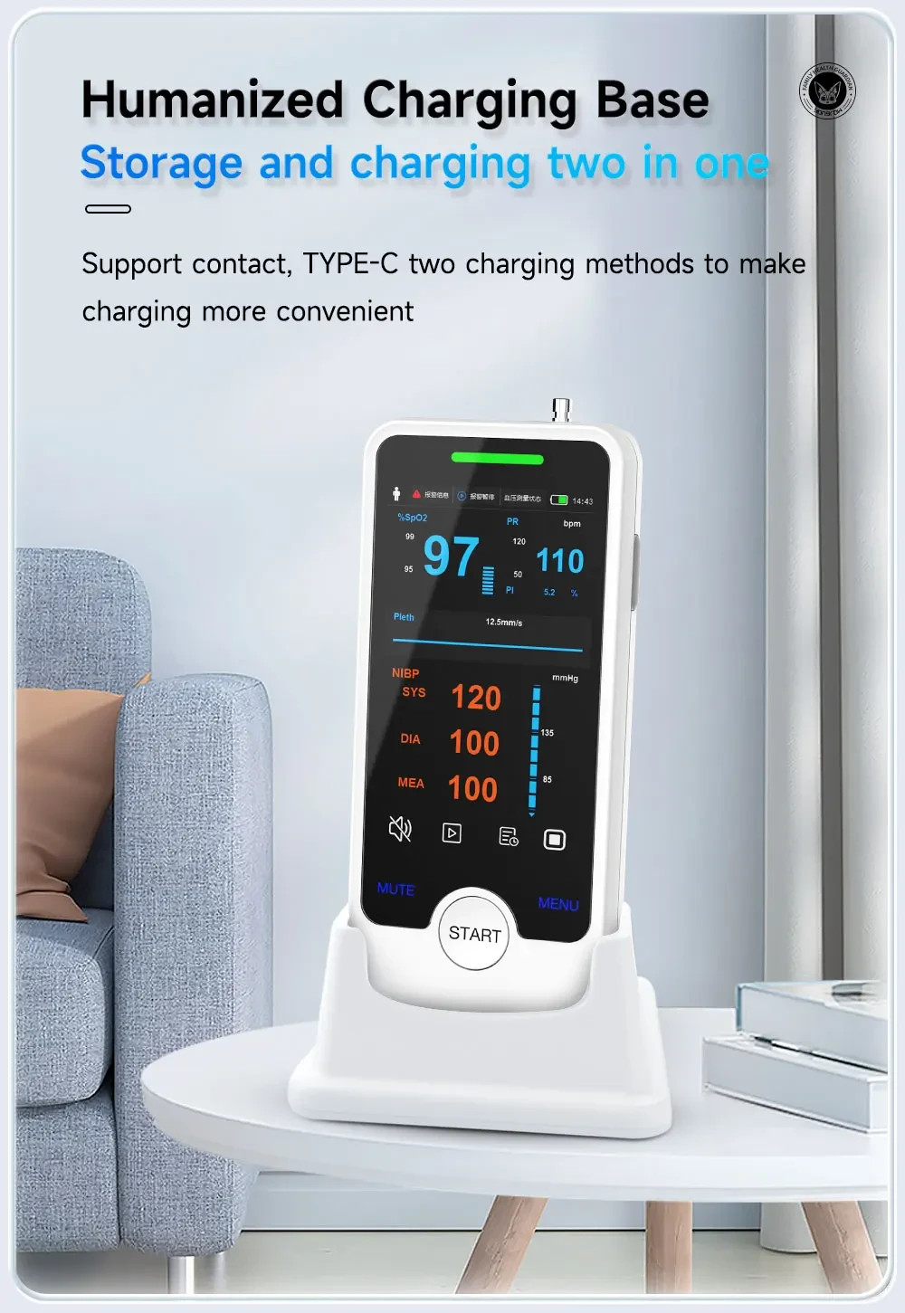 4" Touch Screen Vital Signs Monitor w/ SpO2, EtCO2 - Stand & Charger Included