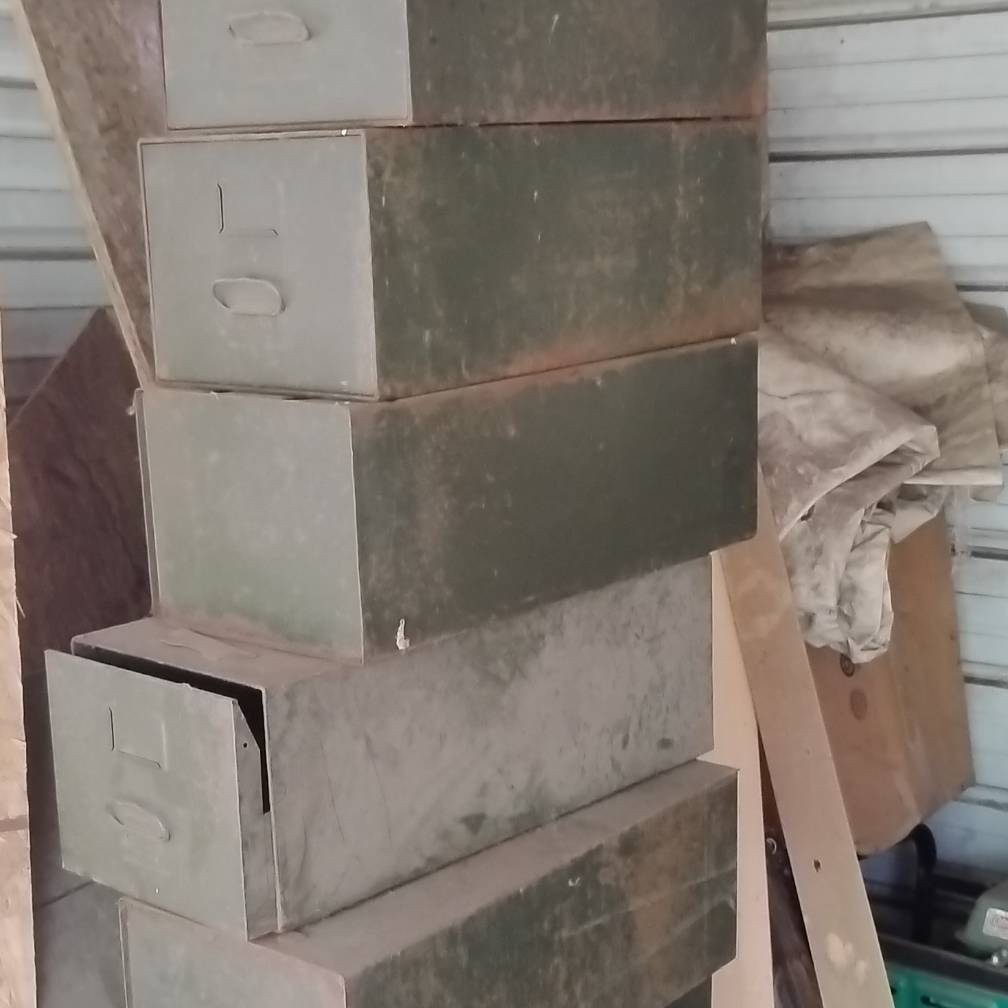 Vintage Metal Warehouse Storage Bin Drawer Cabinet Lot, Green & Gray, Stacked