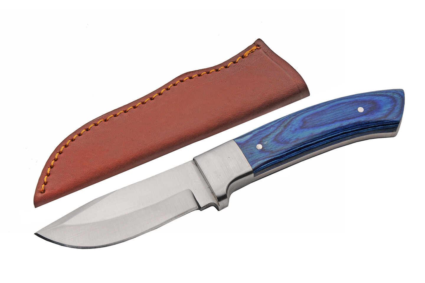 Fixed Blade Hunting Skinner Knife Blue Wood Handle Steel Bolster Leather Sheath