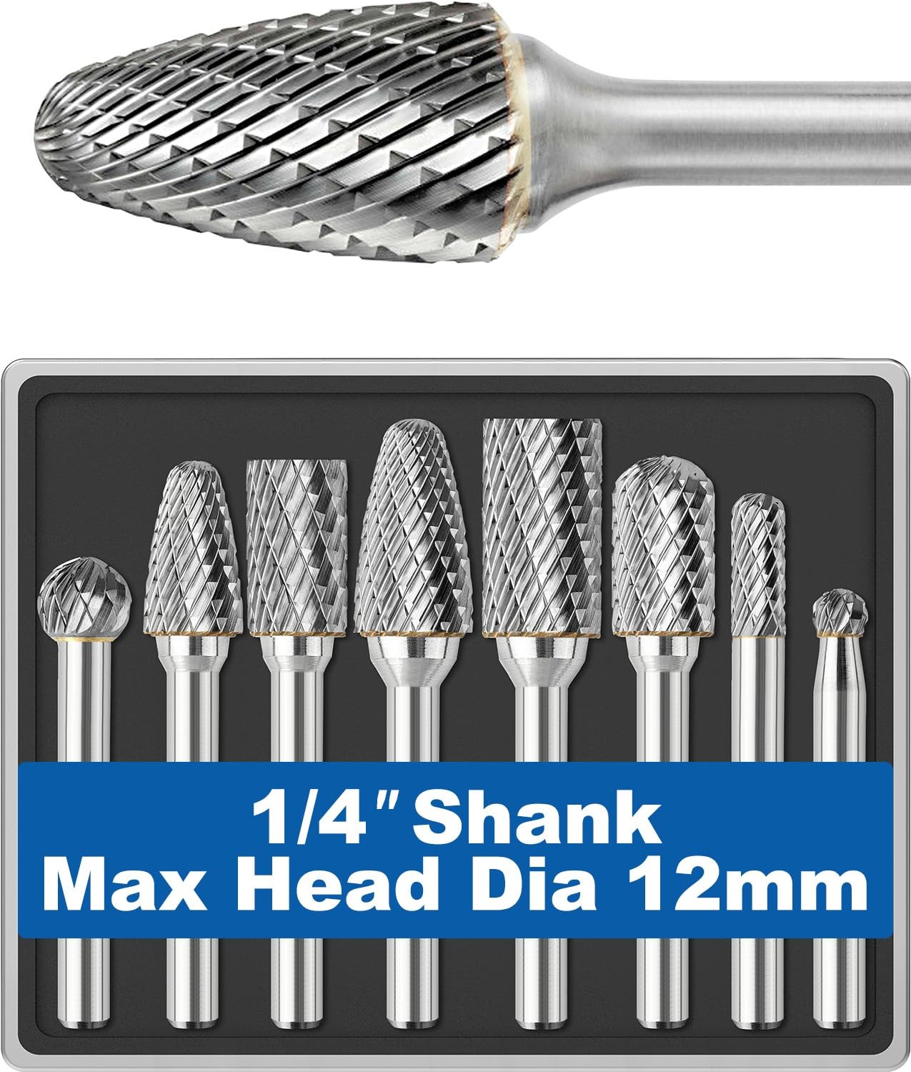 8Pcs Carbide Burr Set 1/4 Shank w/Clear Box Max Head Dia 12mm Die Grinder Bit...