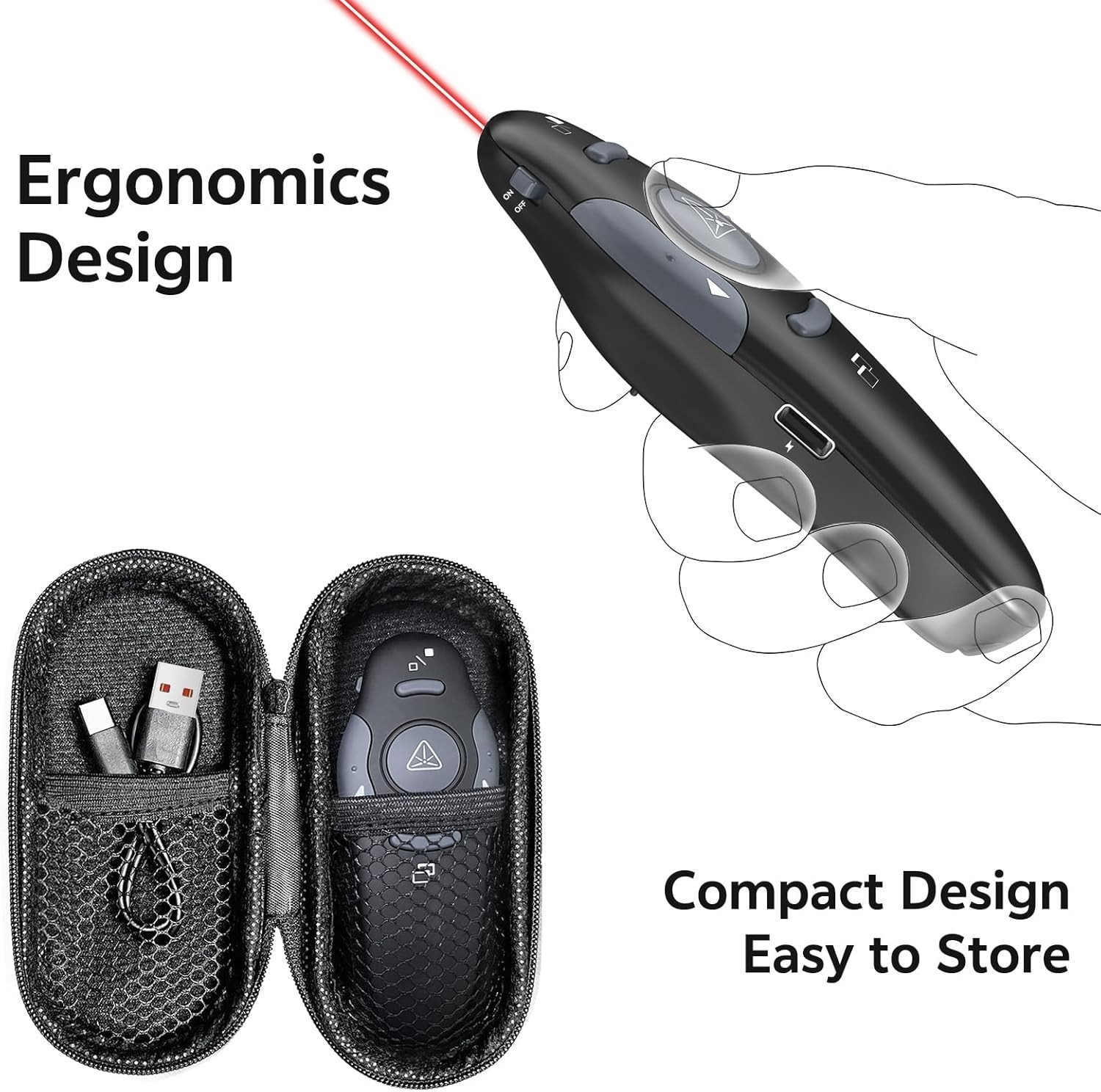 Wireless Presentation Clicker USB-C Rechargeable w/ Case & Red Laser – PPT & oth