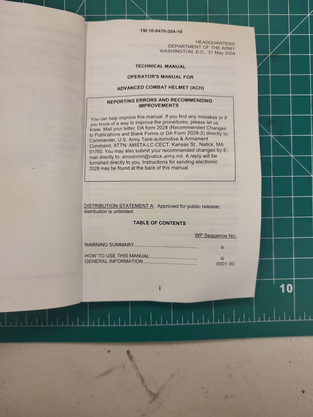 TM 10-8470-204-10 Technical Manual Advanced Combat Helmet ACH Operator Guide
