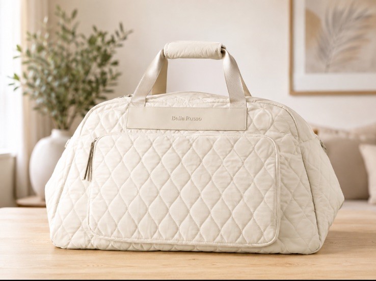 Bella Russo Quilted Weekender Duffel Bag Cream Ivory  Overnight Carry On NEW