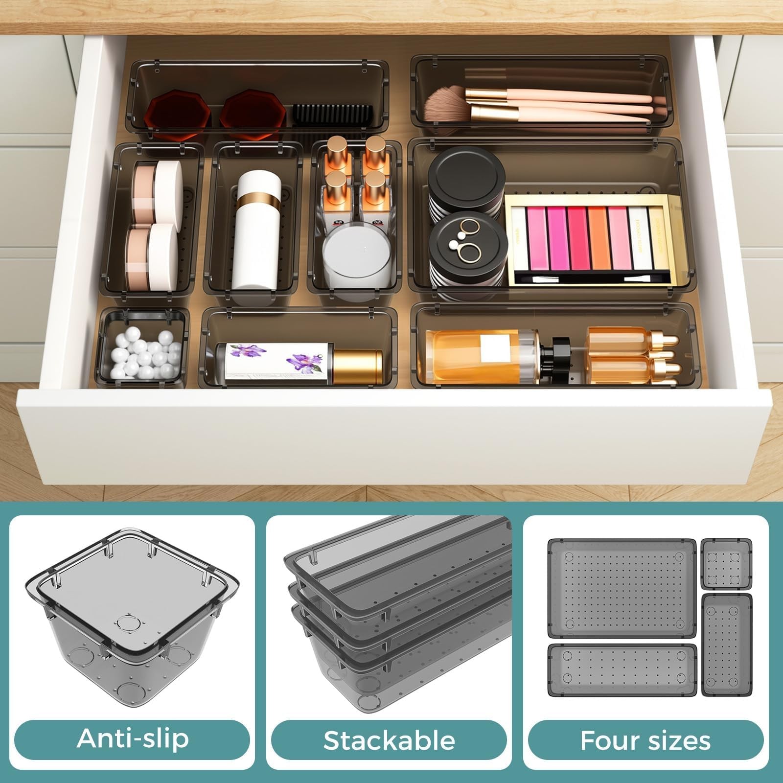Clear Plastic Drawer Organizer 44 PCS - 4 Sizes for Makeup, Jewelry, Office