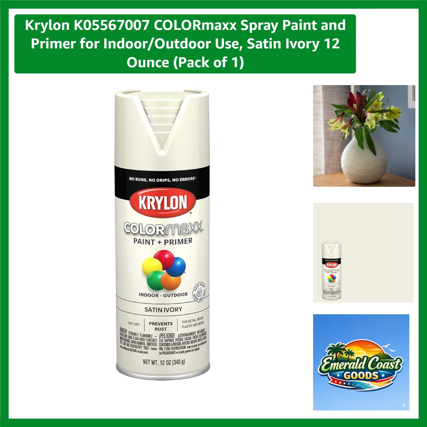 K0007 Satin Ivory Paint Primer - All-Weather Indoor/Outdoor Durable Spray, 12 Oz