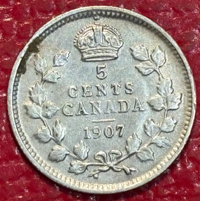 VF/XF DETAILS 1907 CANADA SILVER 5 CENTS COIN-CLEANED-APR425