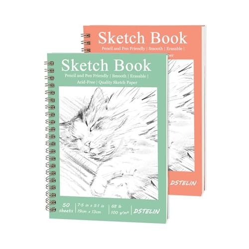 2 Pack Hardcover Sketchbooks (100 GSM Sketch Paper), 7.5x5.1 Inch Spiral