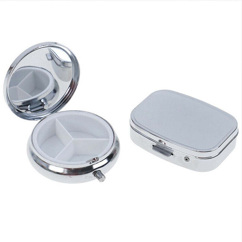 Small Metal Round Silver Travel Tablet Pill Box  Medicine Convenient Rectangle