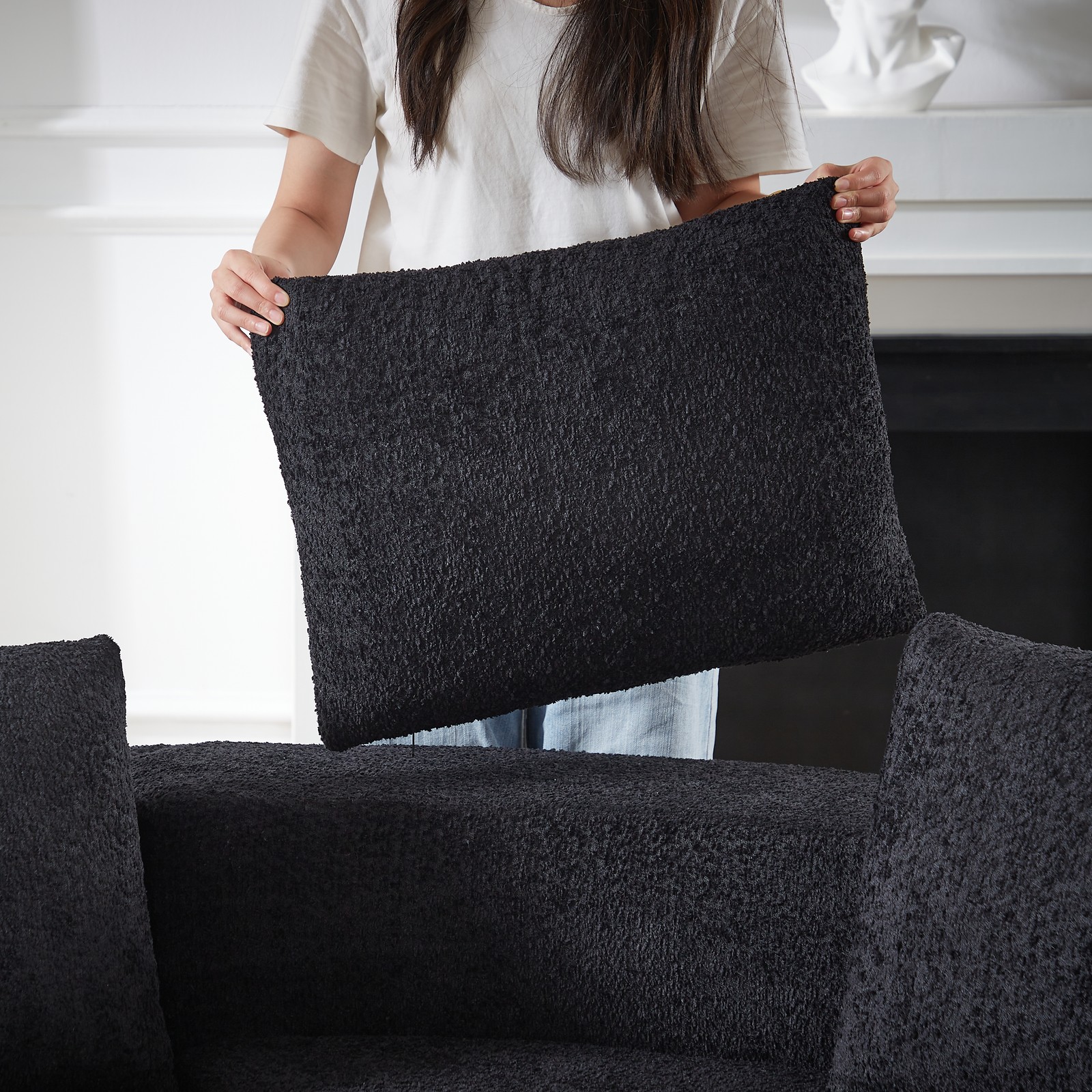 106.3-inch V-shaped modular sofa set in chenille fabric, featuring three throw p