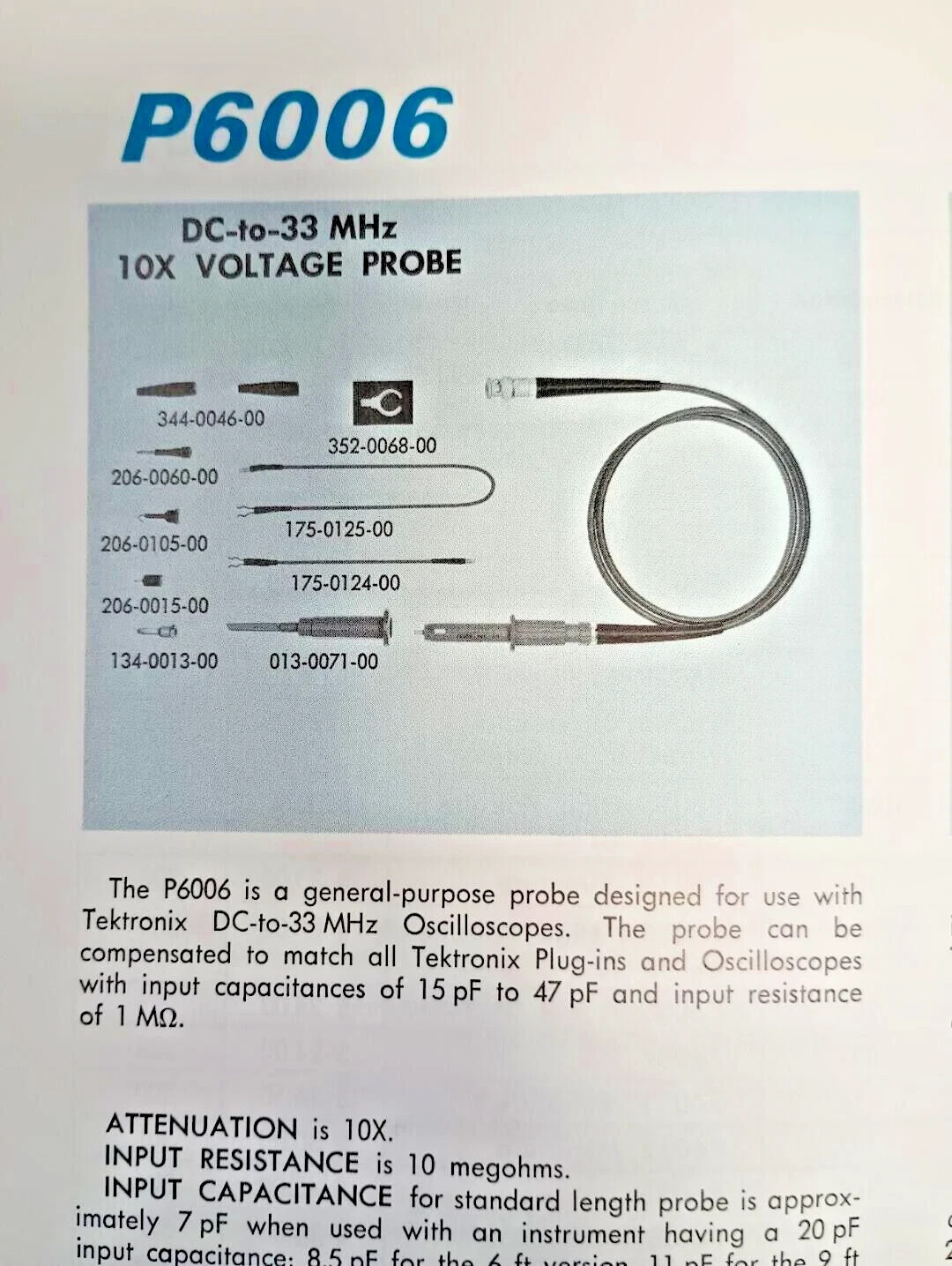 Tektronix Probe P6006 BNC 10X 3.5ft 10MOhms +Accessories +Instruction Manual NEW