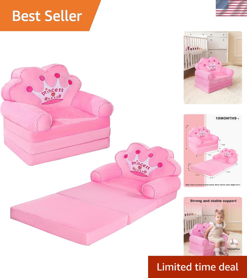 Kids Couch Fold Out, Foldable Princess Chair for Toddlers 1-3, Sofa Bed for K...