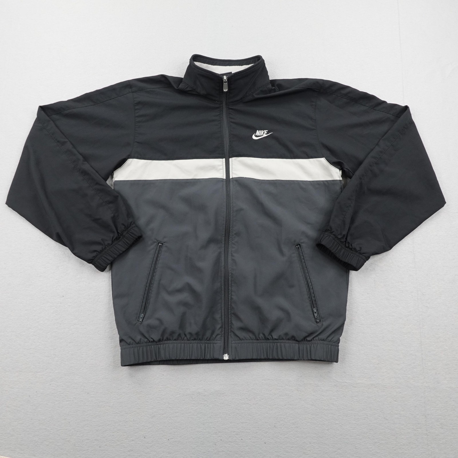 Vintage Nike Jacket Mens Medium Black Gray Colorblock Windbreaker Track Coat Y2K