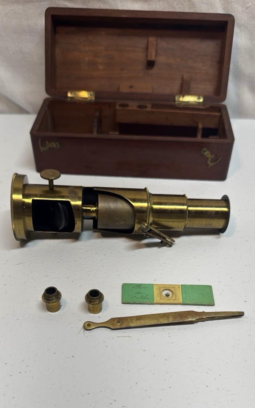 Antique Brass Field Drum Microscope With Original Box, Slides