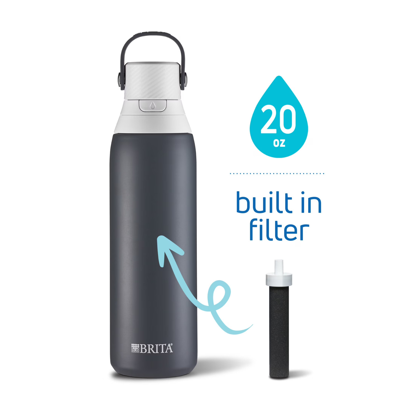 Brita 20oz Stainless Steel Filtered Water Bottle, Carbon, Leak Proof BPA Free
