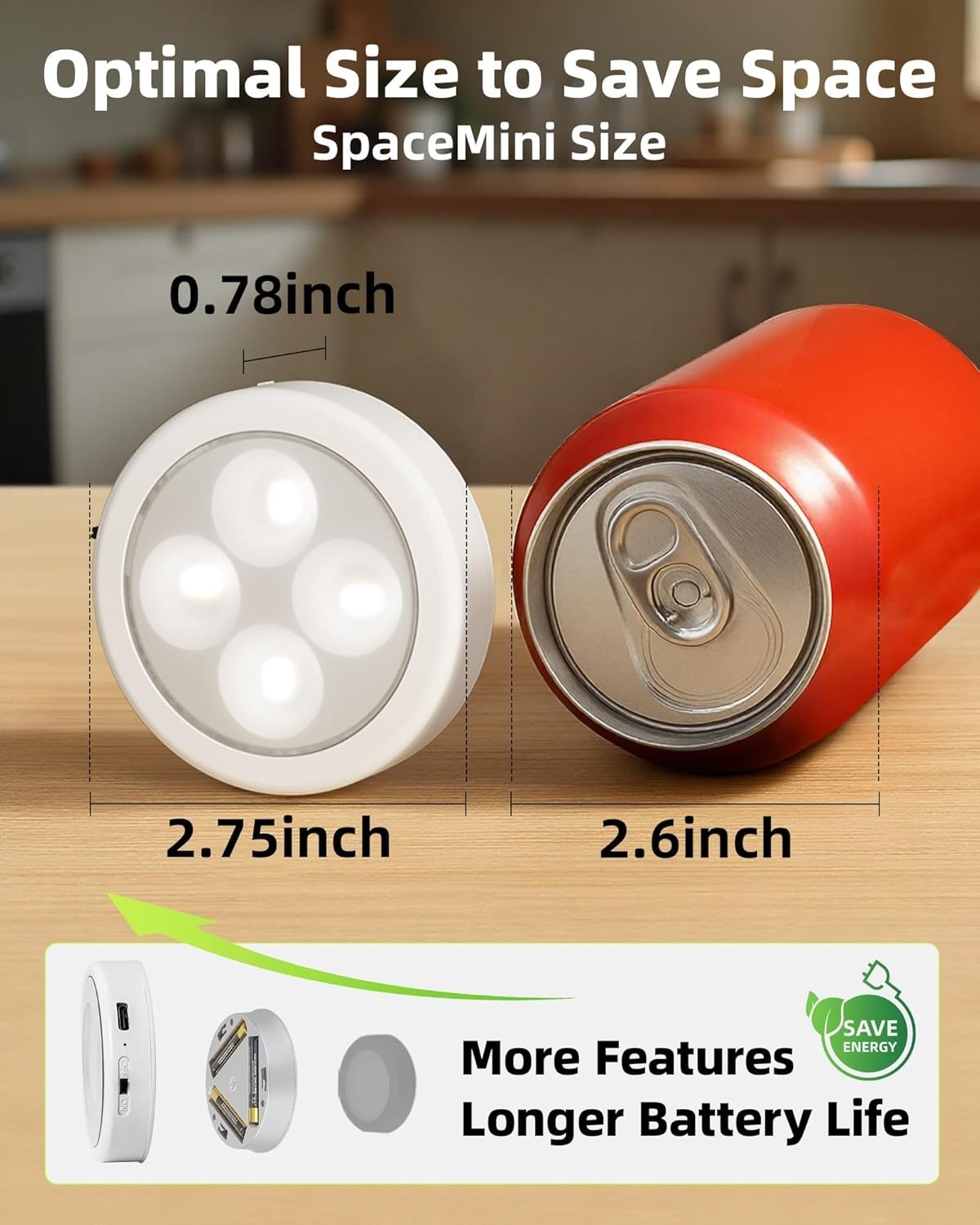 Compact Touch Activated LED Puck Lights - Rechargeable, 3 Color Modes, 2 Pack