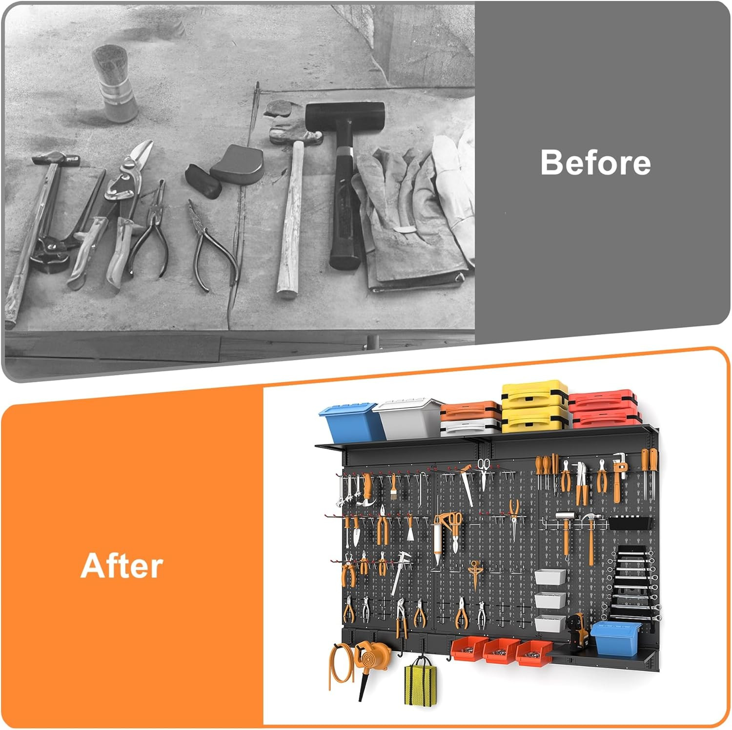 113 PCS Pegboard Wall Organizer Kit with Pegboard Hooks, Bins, Shelves, Pegboard