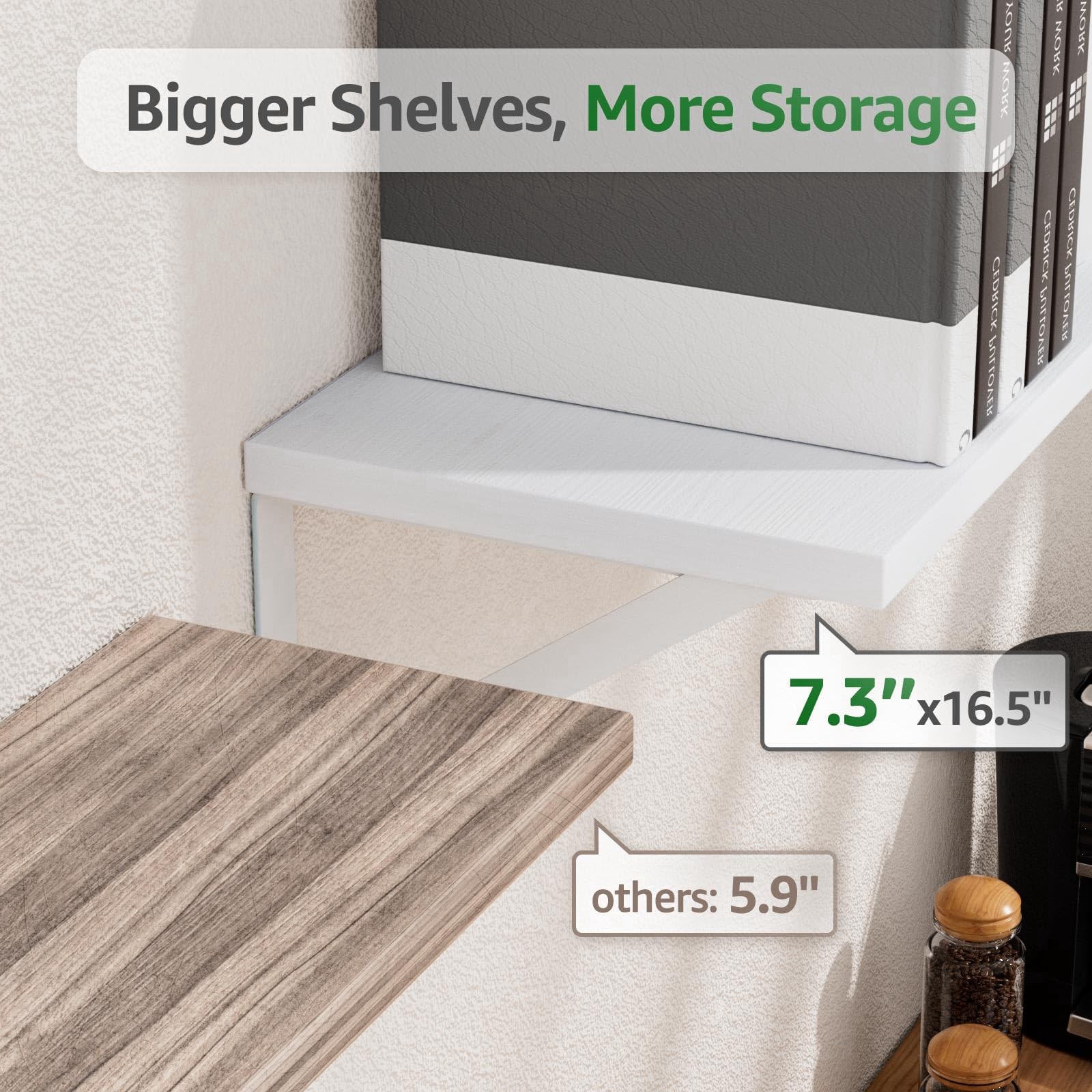 2 Pack White Wall Shelves, 7.3 Deep, Solid Paulownia Wood, Wall Mounted