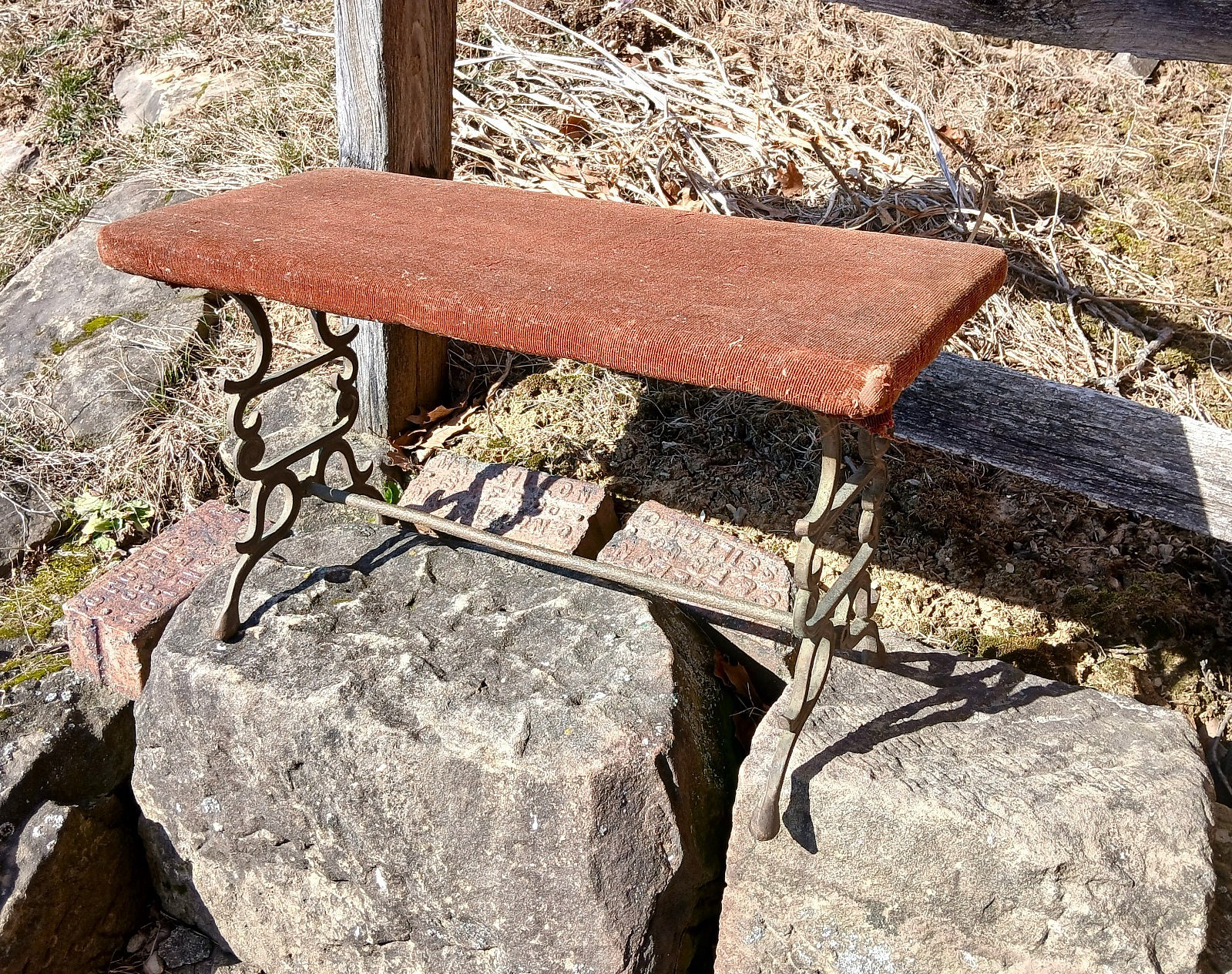 Antique Victorian Fireside Bench with Fancy Cast Iron Legs and Upholstery 1910s