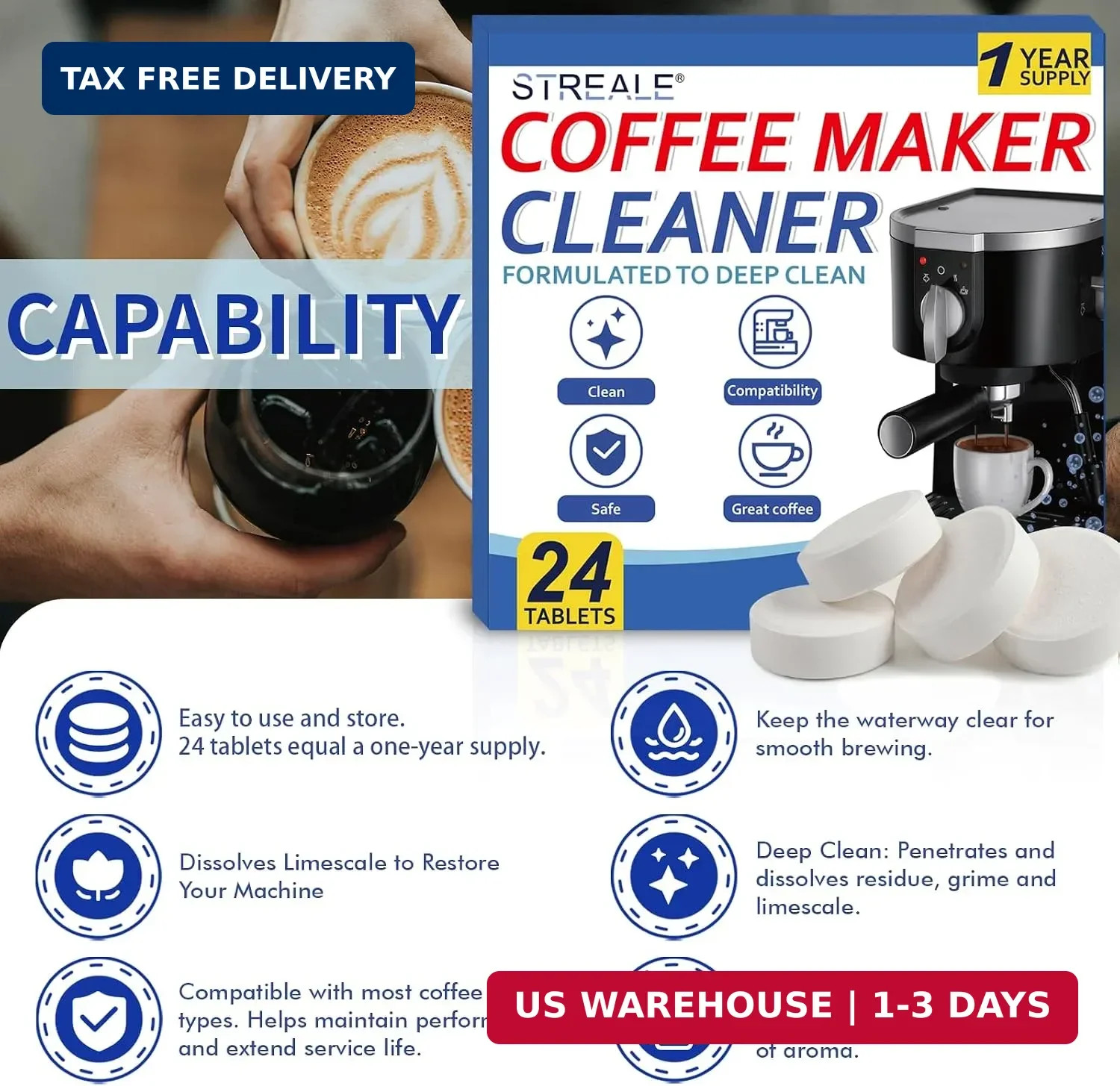 Coffee Machine Cleaner & Descaler Tablets - 24 Pack, Compatible with Nespresso,