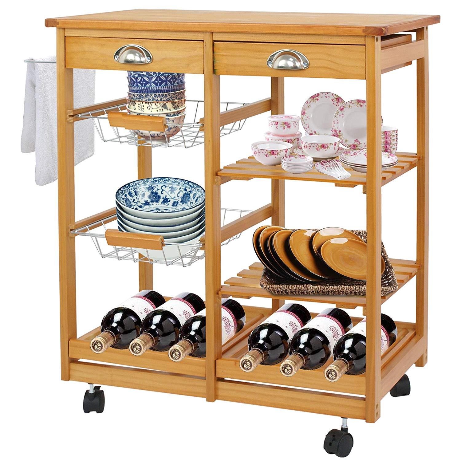 Dining Trolley Basket Stand Counter Top Table Wood Kitchen Storage Island Cart