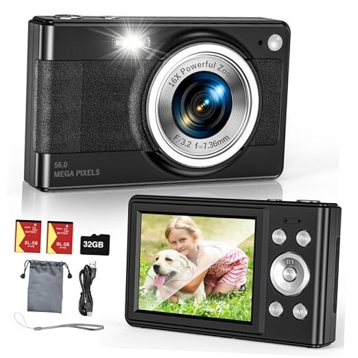 Upgrade Digital Camera, 56MP FHD 1080P for Kids with 16x Zoom Anti Shake, Black