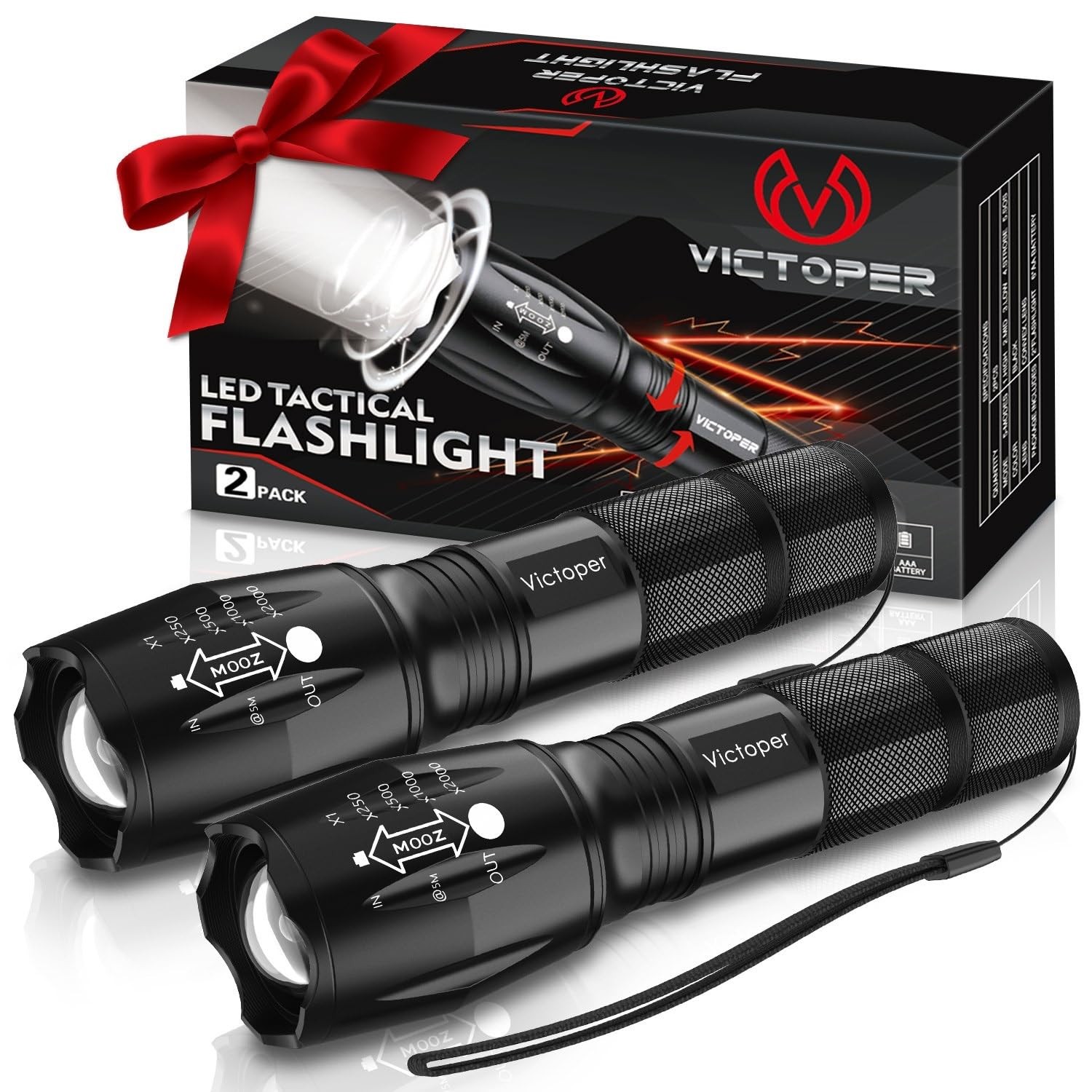Victoper LED Flashlight 2 Pack, Bright Tactical Torch High 2 PACK, Black