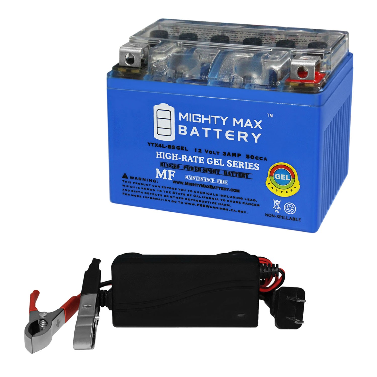 Mighty Max YTX4L-BS GEL Replacement Battery for Ultramax DTX4L-BS + 12V 1A Chrgr