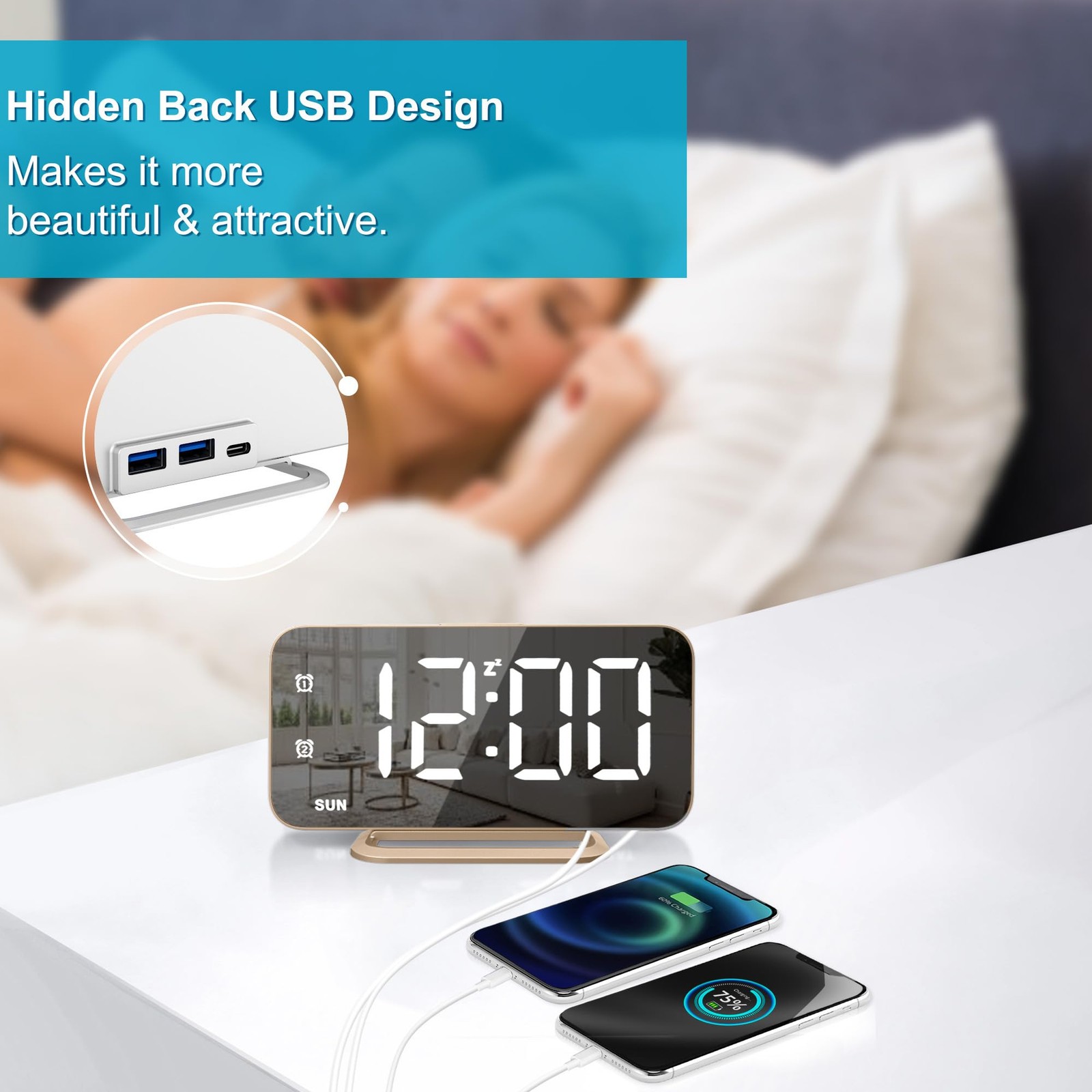 Slim LED Digital Alarm Clock Mirror Surface for Makeup with Diming Large Disp...