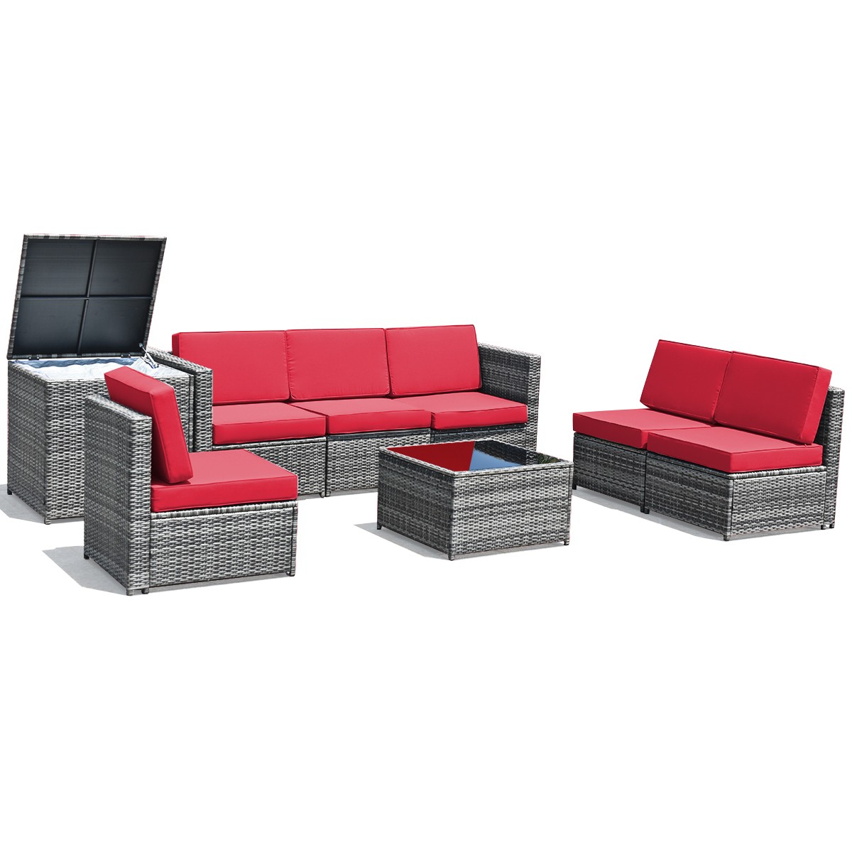 8 PCS Wicker Sofa Rattan Furniture Set Patio Furniture w/ Storage Table Red