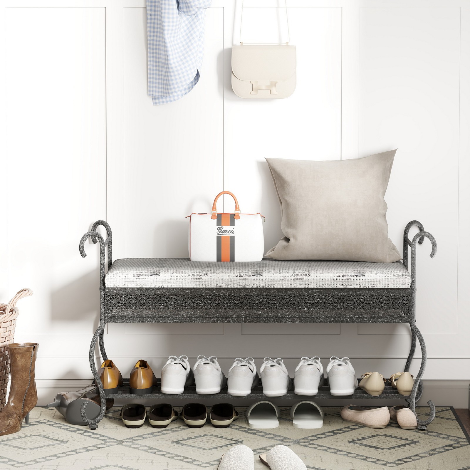 Upholstered Hallway Entryway Shoe Rack Bench Bedroom Bench Stool Iron Frame
