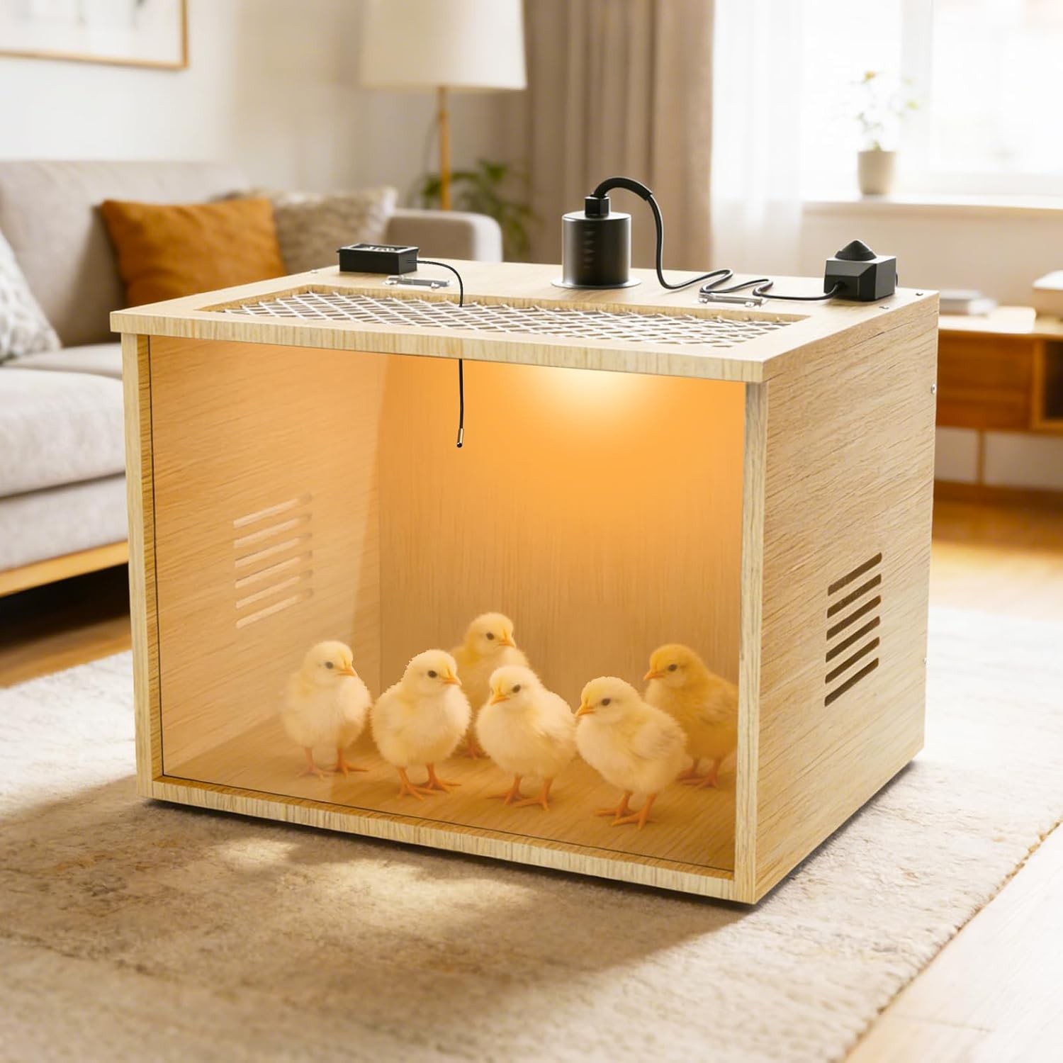 16in Wooden Chick Brooder Box 75W Heat Lamp for Small Poultry Hamsters