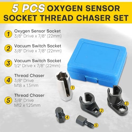 5PCS O2 Sensor Removal & Thread Chaser Tool Set - Blue Socket Set