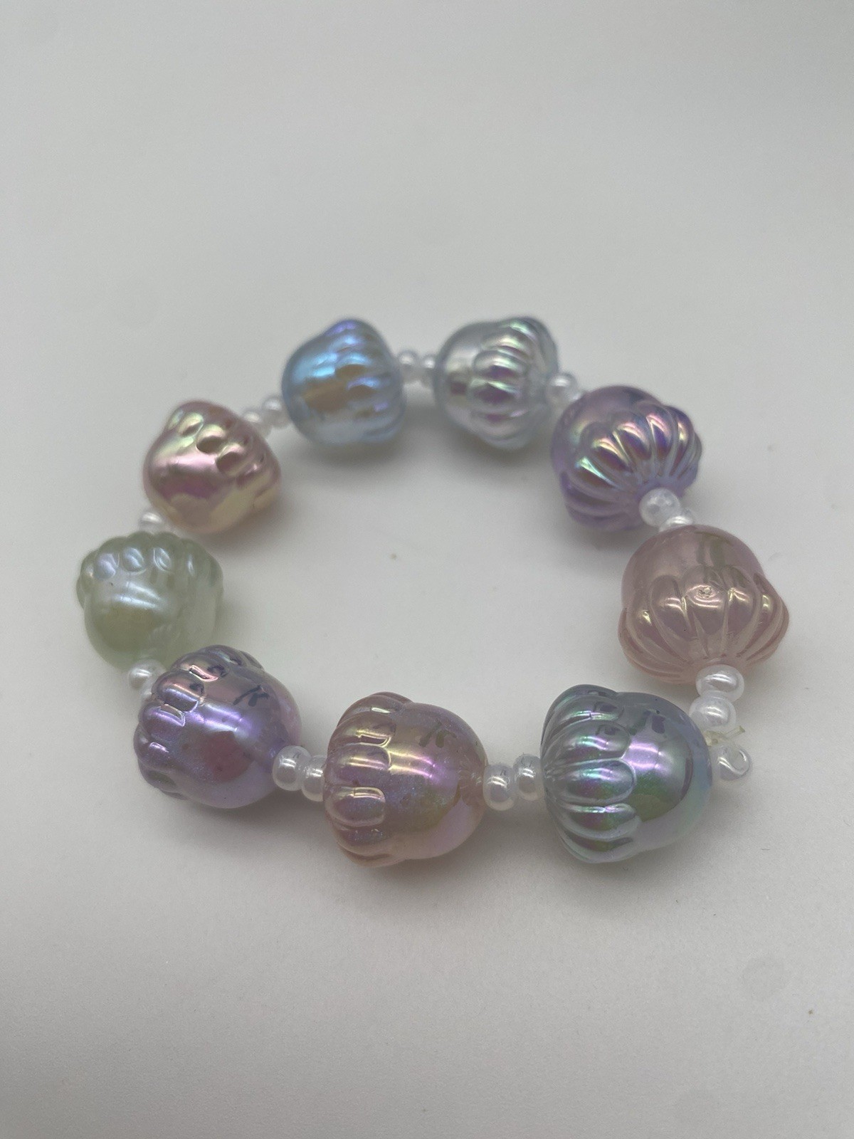 Cute Handmade Acorn Pastel Iridescent /small Pearl Beaded Bracelet Stretchy
