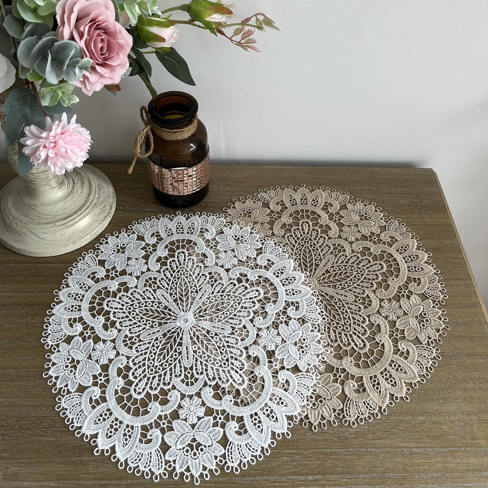 2Pack Round Lace Placemats for Dining Table,11inch Diameter Delicate Floret E...